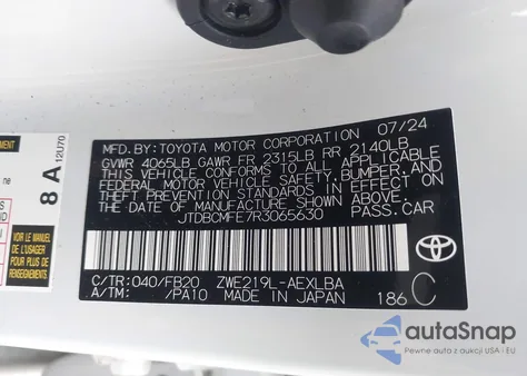 2024 Toyota Corolla Hybrid Le z USA, uszkodzony, nr VIN JTDBCMFE7R3065630